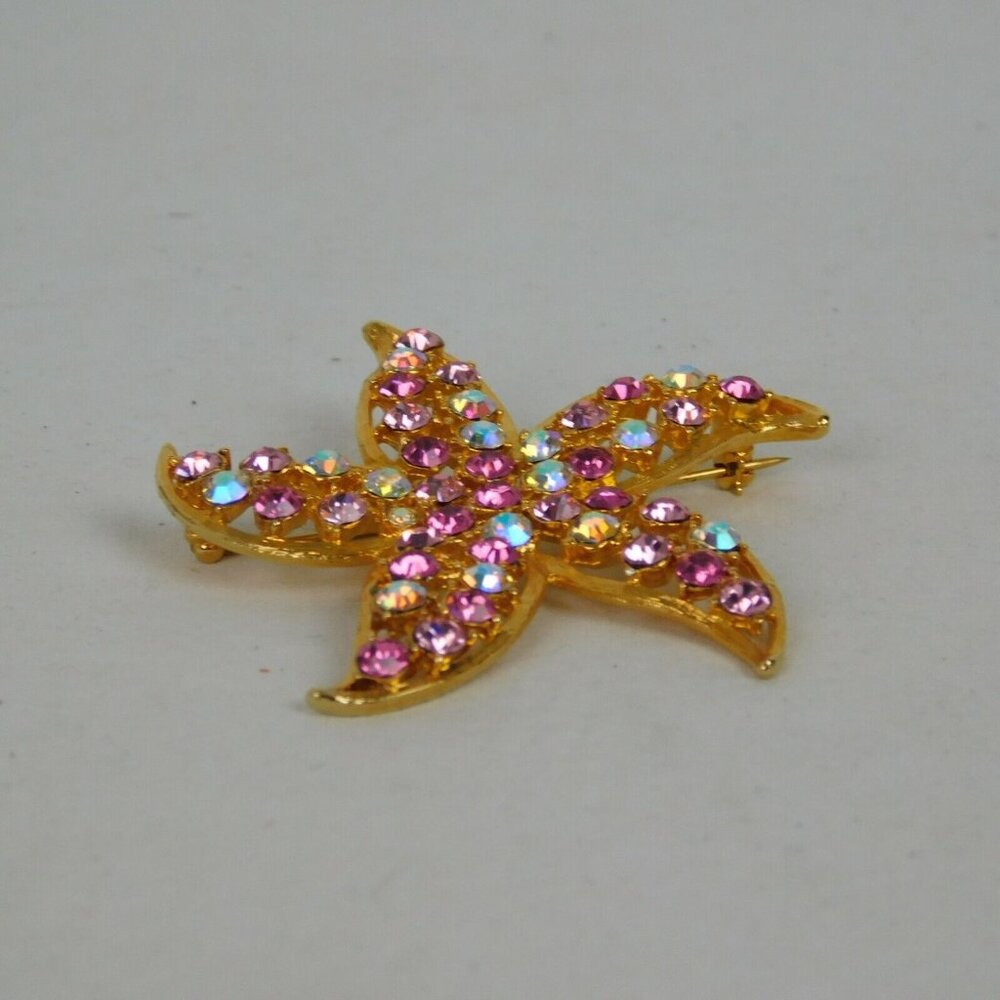 Lee Angel Starfish Pin Brooch Pink Clear Rhinestone Vintage Gold Tone Metal 2.5" - Picture 5 of 6